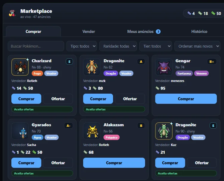 Aba Comprar do Marketplace com a grade de Pokémon à venda, busca e filtros
